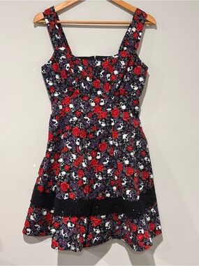 Hot Topic Black Dress with Red Roses and Purple Floral Skull Print